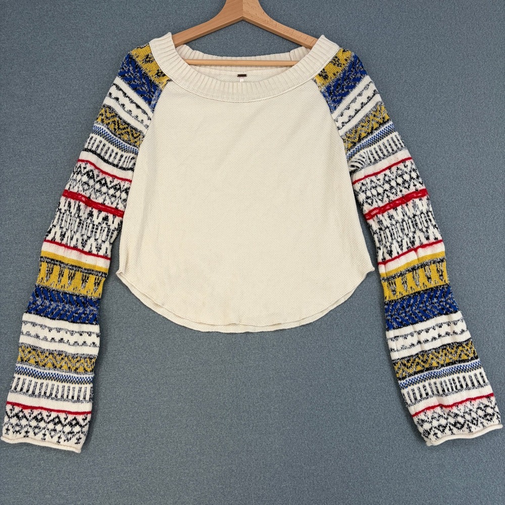 Free People Fair Isle Thermal Waffle Knit Top Cream Multicolor Medium Boho Fall